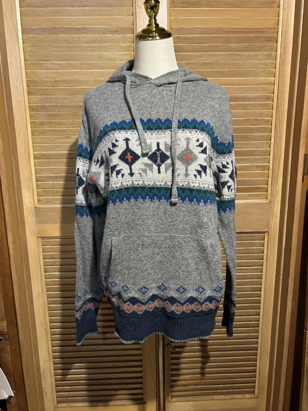 AMERICAN EAGLE Hooded Aztec Print Pullover Sweater Cotton Blend Gray Size M